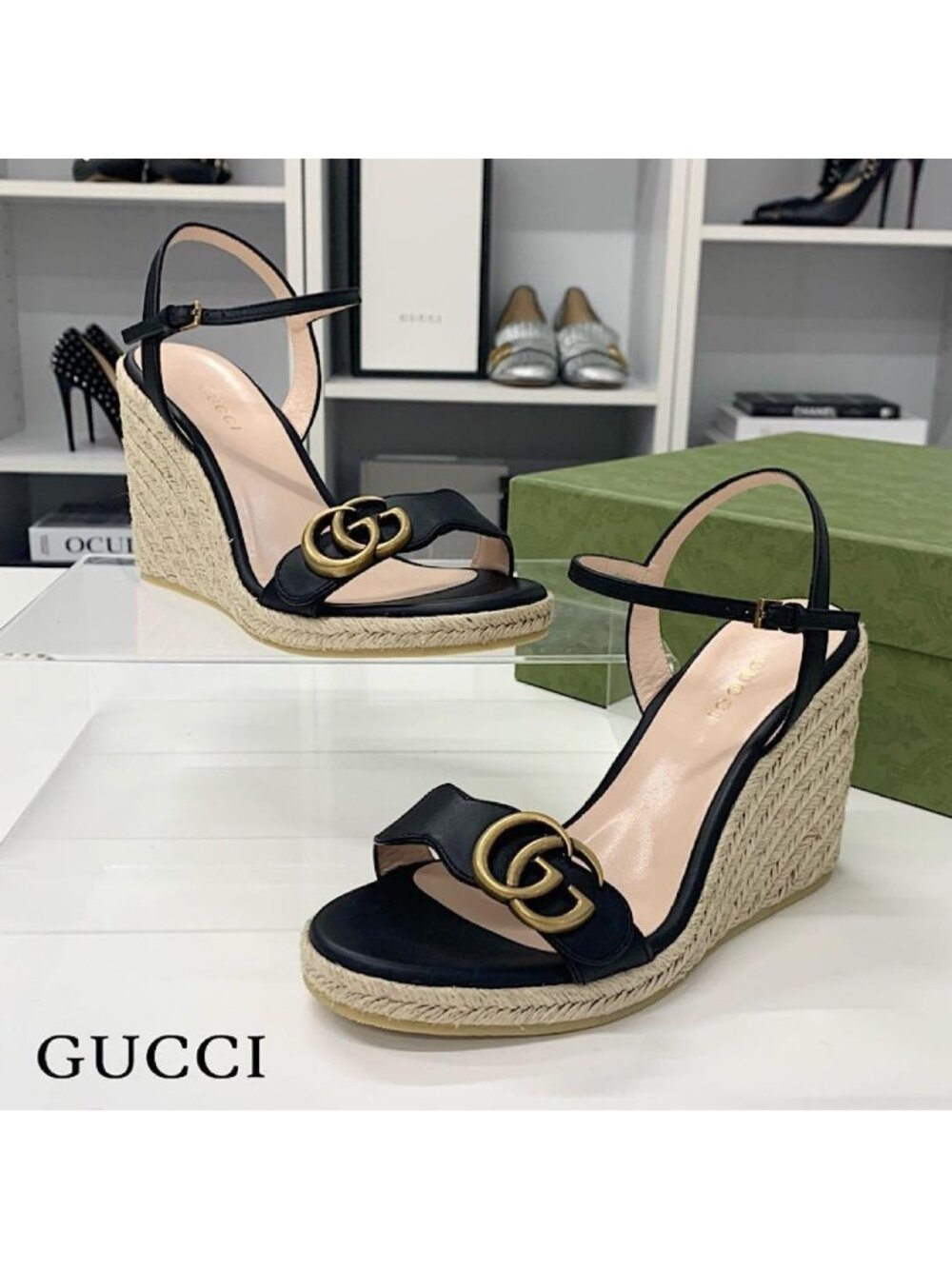 Gucci Leather Double G Wedge Sole Espadrille Sandals Black - Picture 2 of 11